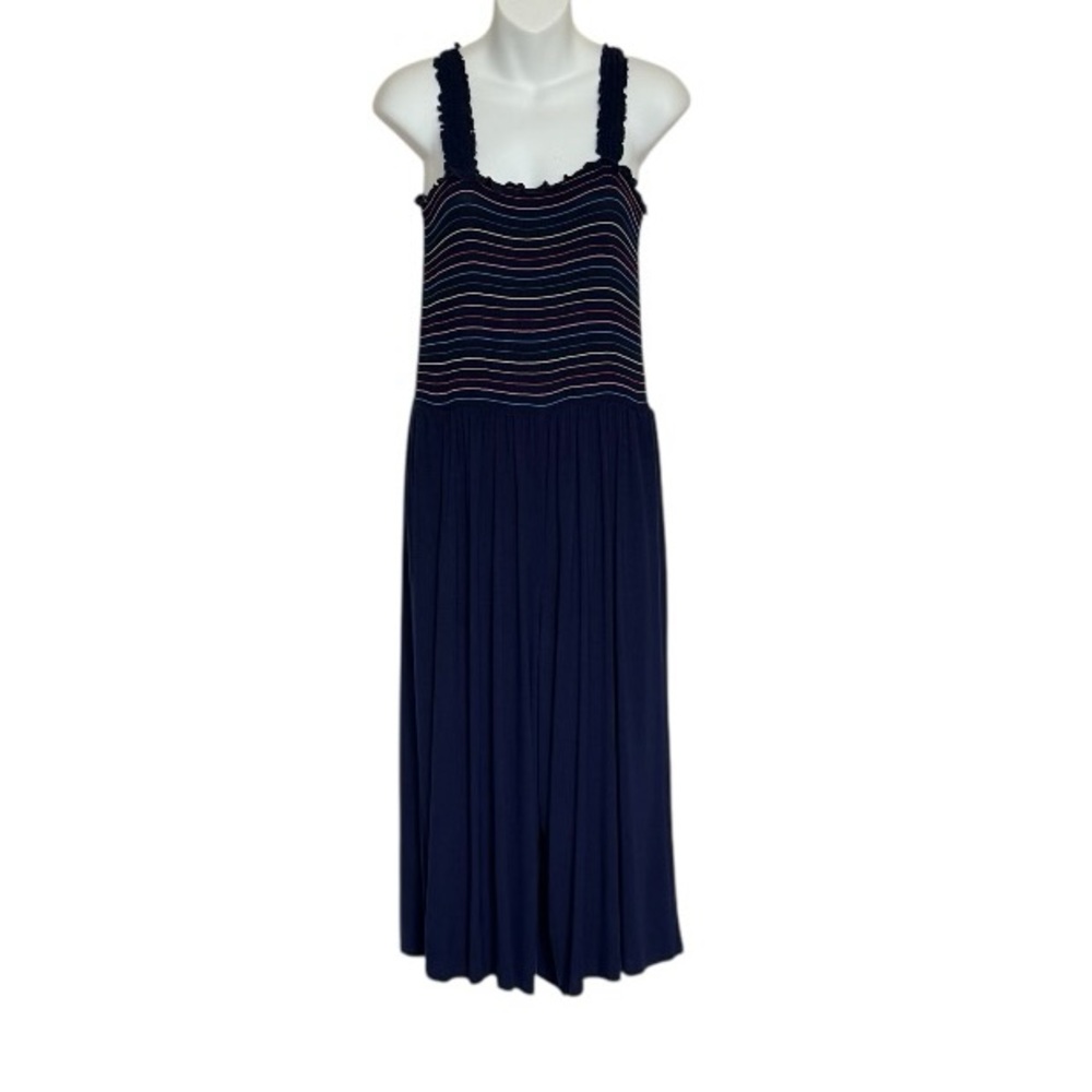Modcloth Navy Knit Multicolor Smocked Rainbow Jumpsuite Large